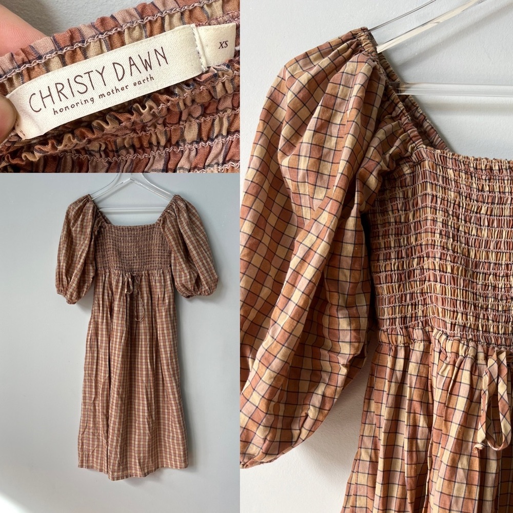 Christy Dawn Katrina Brown Gingham Organic Cotton Feedsack Floral Dress XS